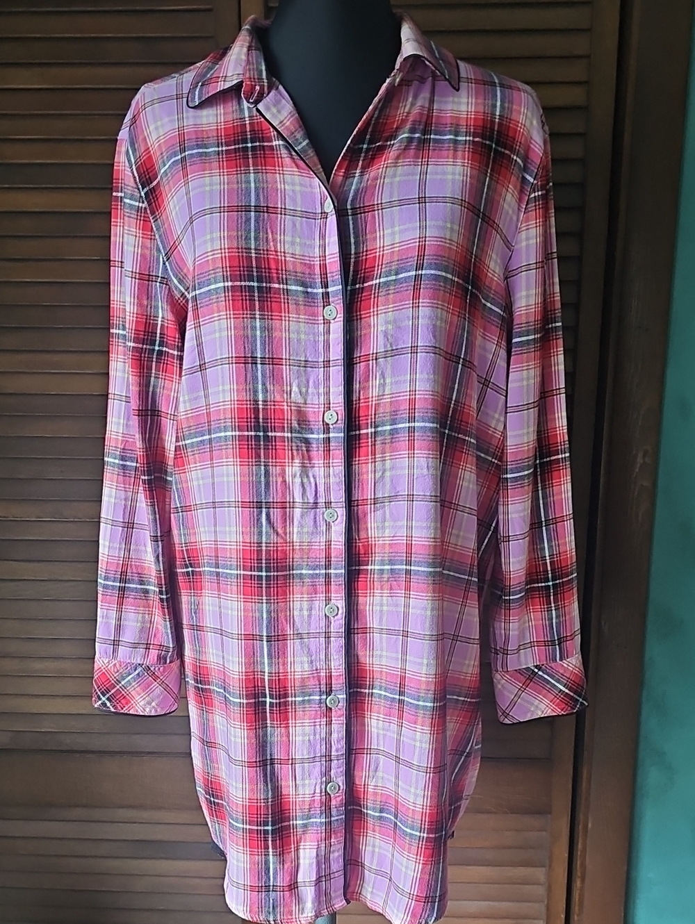 Victoria's Secret Long Slv Button Front Pink Red Plaid Flannel Sleep Dress Med